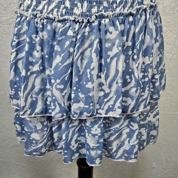 Entro Blue White Ethereal Smocked Waist Tiered Ruffled Mini Dress Sz L Romantic - Picture 6 of 14